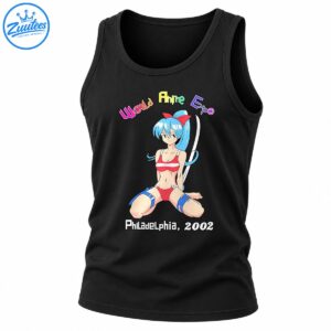 World Anime Expo Philadelphia 2002 shirt graphic with blue-haired anime girl, red bow, sword and colorful lettering