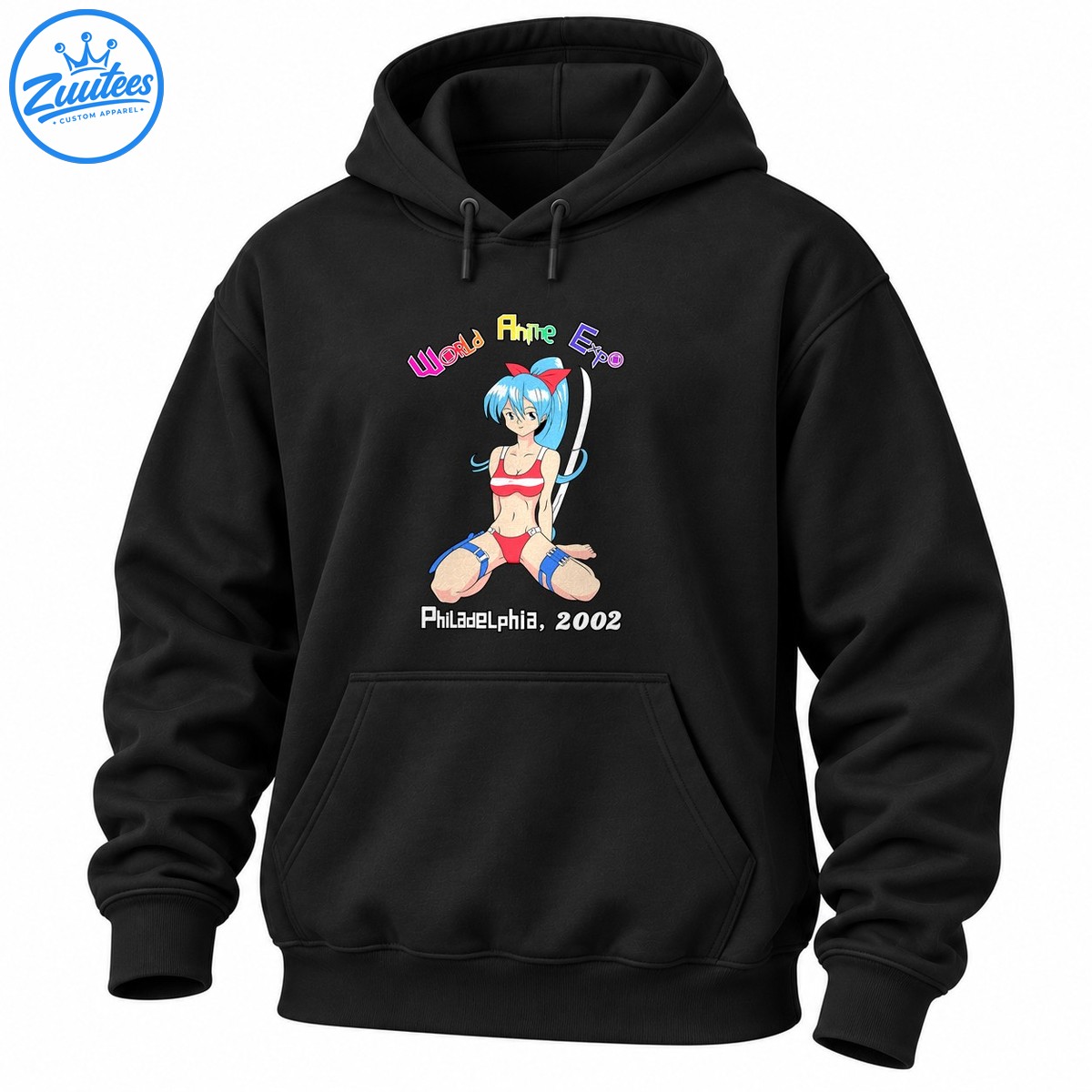 World Anime Expo Philadelphia 2002 shirt graphic with blue haired anime girl, red bow, sword and colorful lettering World Anime Expo Philadelphia 2002 shirt graphic with blue-haired anime girl, red bow, sword and colorful lettering