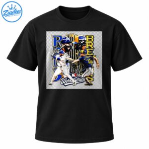 Vintage World Series baseball graphic with helmeted player portraits, two action players, bold blue and gold lettering, and trophy details
