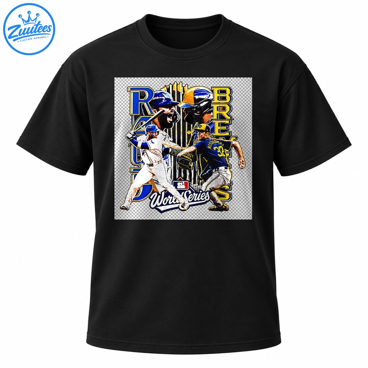 Vintage World Series baseball graphic with helmeted player portraits, two action players, bold blue and gold lettering, and trophy details Vintage World Series baseball graphic with helmeted player portraits, two action players, bold blue and gold lettering, and trophy details