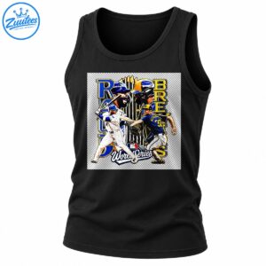 Vintage World Series baseball graphic with helmeted player portraits, two action players, bold blue and gold lettering, and trophy details