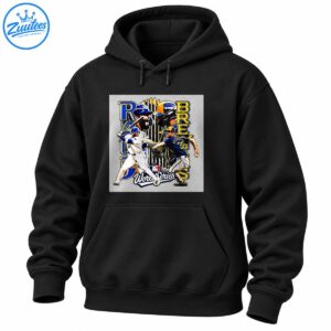 Vintage World Series baseball graphic with helmeted player portraits, two action players, bold blue and gold lettering, and trophy details