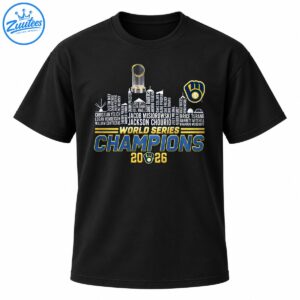World Series Champions 2026 Milwaukee baseball graphic with player-name skyline, trophy, and navy gold lettering