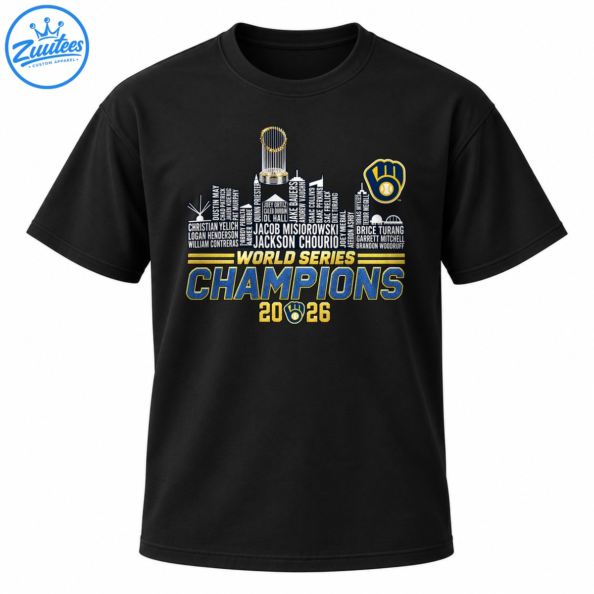 World Series Champions 2026 Milwaukee baseball graphic with player name skyline, trophy, and navy gold lettering World Series Champions 2026 Milwaukee baseball graphic with player-name skyline, trophy, and navy gold lettering