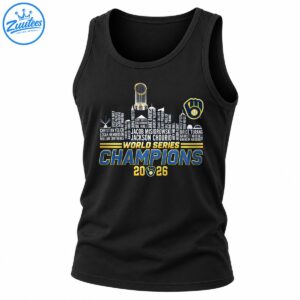World Series Champions 2026 Milwaukee baseball graphic with player-name skyline, trophy, and navy gold lettering
