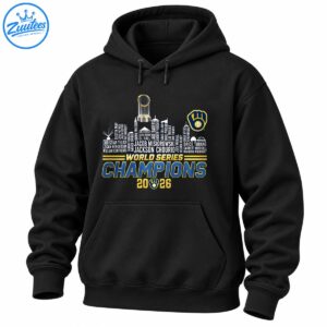 World Series Champions 2026 Milwaukee baseball graphic with player-name skyline, trophy, and navy gold lettering