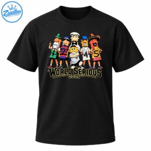 World Serious 2026 baseball shirt graphic with six colorful cartoon mascots and bold gold outlined sports lettering