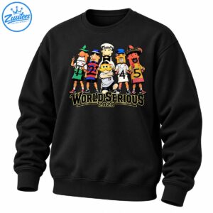 World Serious 2026 baseball shirt graphic with six colorful cartoon mascots and bold gold outlined sports lettering