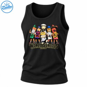 World Serious 2026 baseball shirt graphic with six colorful cartoon mascots and bold gold outlined sports lettering