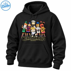 World Serious 2026 baseball shirt graphic with six colorful cartoon mascots and bold gold outlined sports lettering