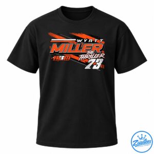 Wyatt Miller The Thriller racing graphic with orange brush strokes, bold MILLER lettering, RBM Racing Development, and number 73.