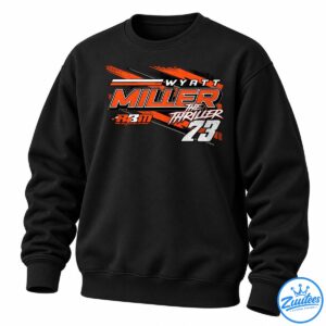Wyatt Miller The Thriller racing graphic with orange brush strokes, bold MILLER lettering, RBM Racing Development, and number 73.