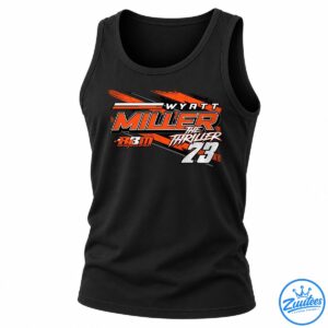 Wyatt Miller The Thriller racing graphic with orange brush strokes, bold MILLER lettering, RBM Racing Development, and number 73.