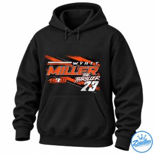Wyatt Miller The Thriller racing graphic with orange brush strokes, bold MILLER lettering, RBM Racing Development, and number 73.