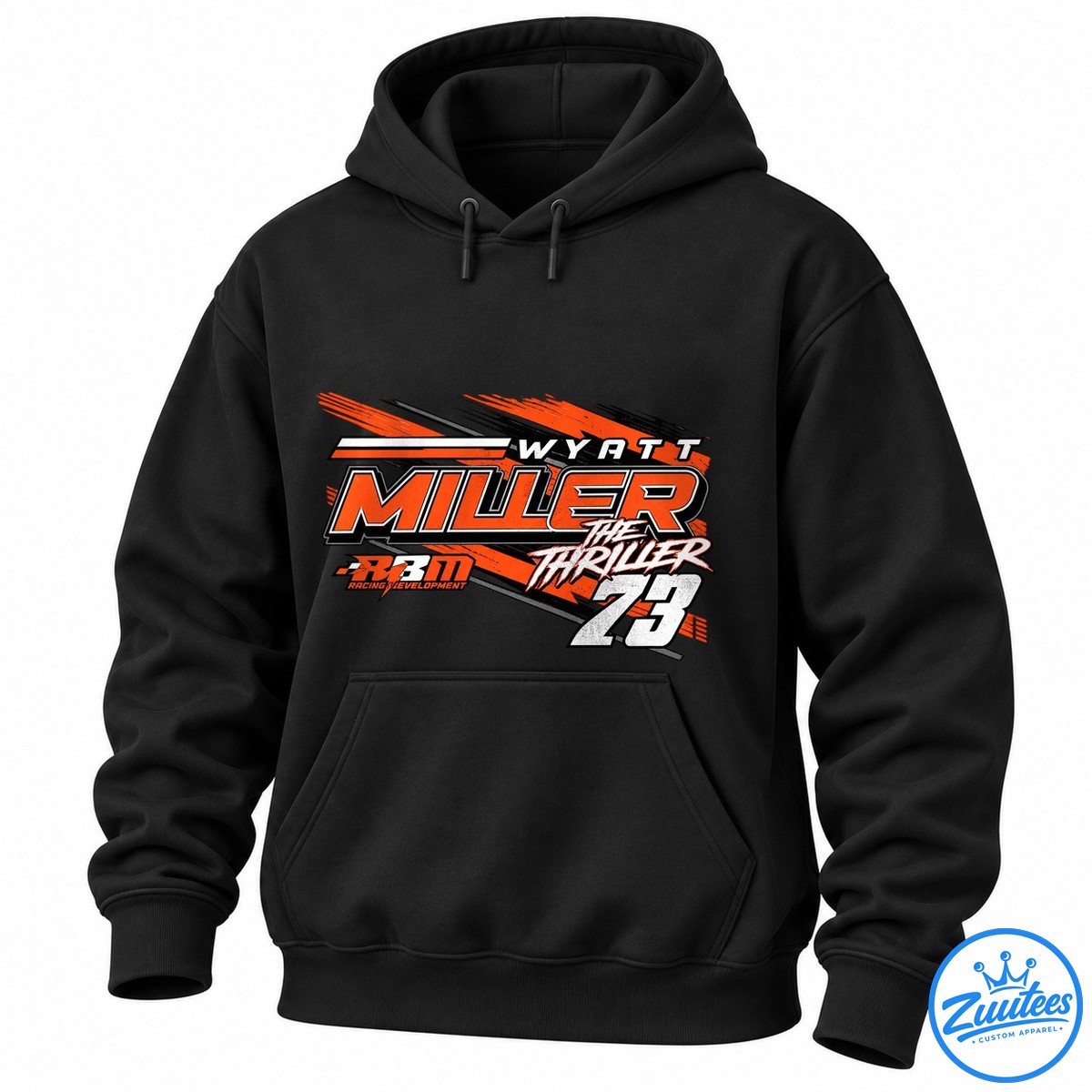 Wyatt Miller The Thriller Car Racing Shirt Wyatt Miller The Thriller racing graphic with orange brush strokes, bold MILLER lettering, RBM Racing Development, and number 73.