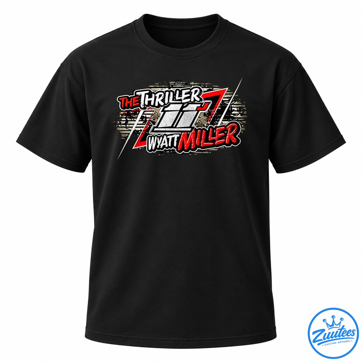 Wyatt Miller The Thriller Sprint Car Shirt Wyatt Miller The Thriller sprint car racing shirt design with number 11 and distressed red, white, and black graphics