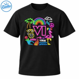 Colorful neon pop art design with VI lettering, rainbow, palm tree, sunglasses, smiley face, flamingo, and ocean waves