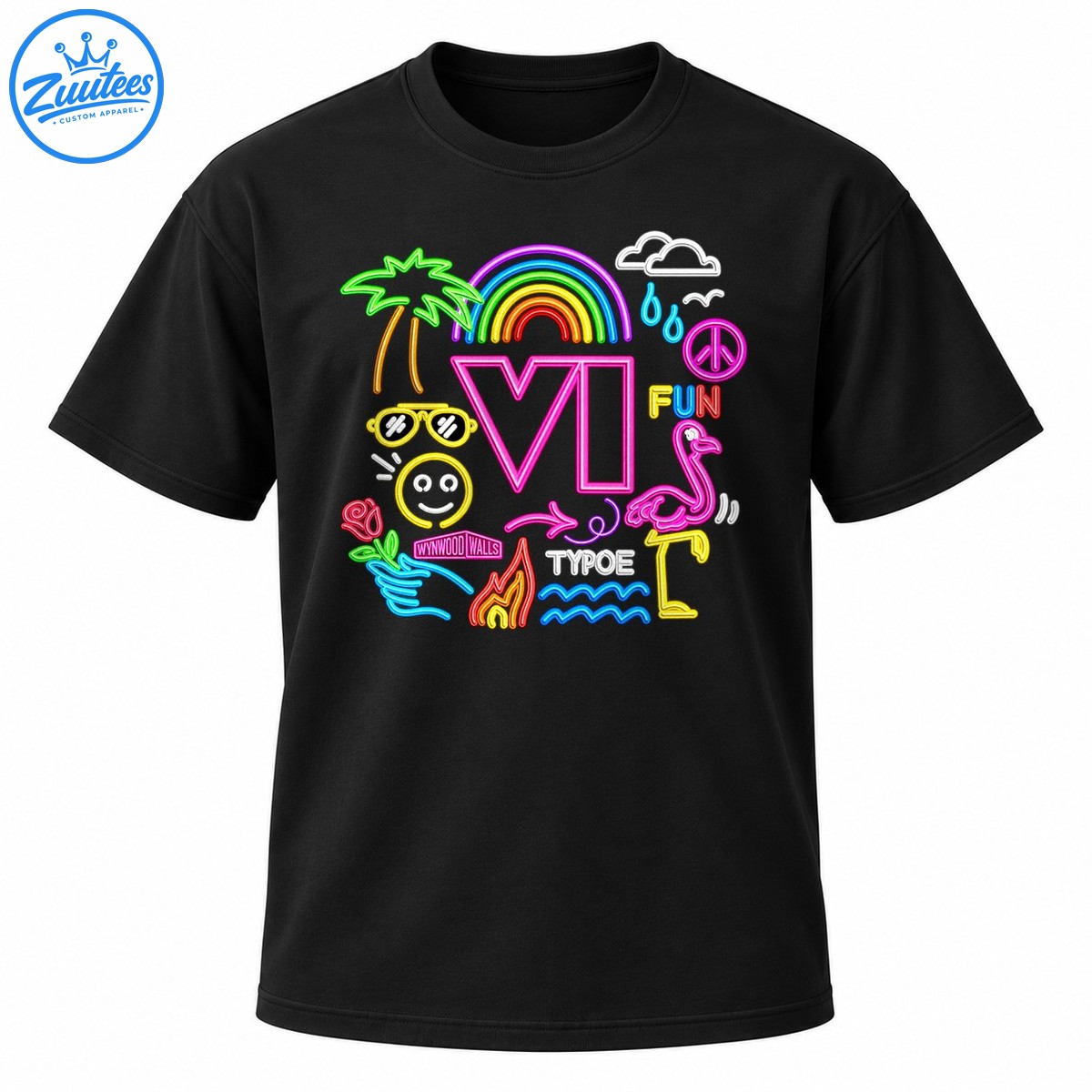Colorful neon pop art design with VI lettering, rainbow, palm tree, sunglasses, smiley face, flamingo, and ocean waves Colorful neon pop art design with VI lettering, rainbow, palm tree, sunglasses, smiley face, flamingo, and ocean waves