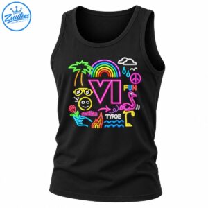 Colorful neon pop art design with VI lettering, rainbow, palm tree, sunglasses, smiley face, flamingo, and ocean waves