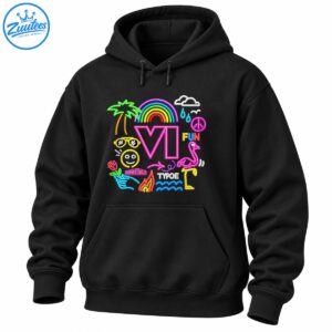 Colorful neon pop art design with VI lettering, rainbow, palm tree, sunglasses, smiley face, flamingo, and ocean waves