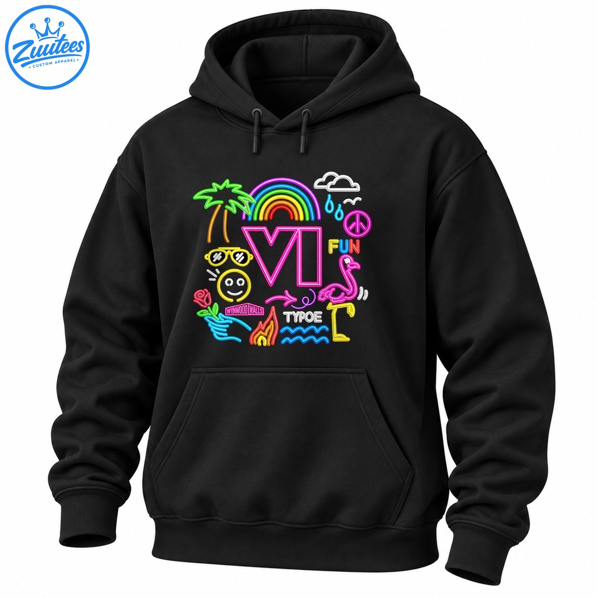 Colorful neon pop art design with VI lettering, rainbow, palm tree, sunglasses, smiley face, flamingo, and ocean waves Colorful neon pop art design with VI lettering, rainbow, palm tree, sunglasses, smiley face, flamingo, and ocean waves