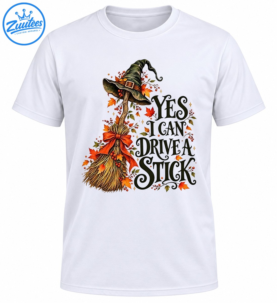 Yes I Can Drive A Stick Halloween shirt design with witch hat, rustic broom, orange bow, fall leaves and vintage lettering Yes I Can Drive A Stick Halloween shirt design with witch hat, rustic broom, orange bow, fall leaves and vintage lettering