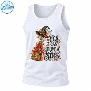 Yes I Can Drive A Stick Halloween shirt design with witch hat, rustic broom, orange bow, fall leaves and vintage lettering