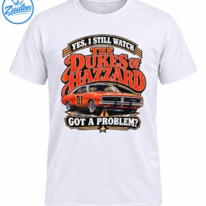 Vintage Dukes of Hazzard graphic with bold red lettering, an orange number 01 muscle car, and black and gold banners