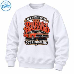 Vintage Dukes of Hazzard graphic with bold red lettering, an orange number 01 muscle car, and black and gold banners