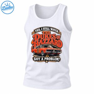 Vintage Dukes of Hazzard graphic with bold red lettering, an orange number 01 muscle car, and black and gold banners