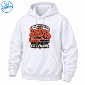 Vintage Dukes of Hazzard graphic with bold red lettering, an orange number 01 muscle car, and black and gold banners