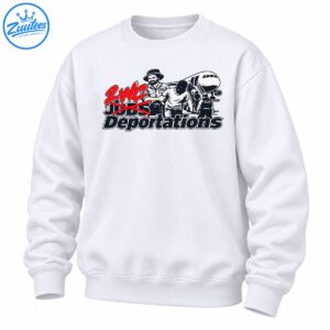 Political graphic shirt design with red ZWC lettering, crossed-out JOBS text, ICE officers, an airplane, and Deportations text.