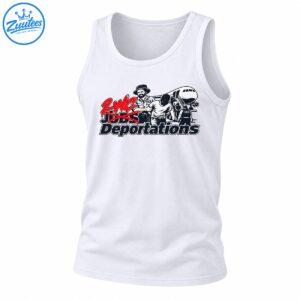 Political graphic shirt design with red ZWC lettering, crossed-out JOBS text, ICE officers, an airplane, and Deportations text.