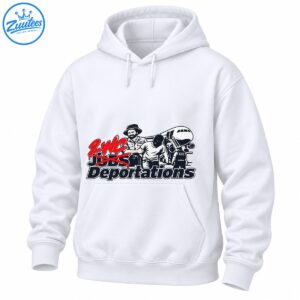 Political graphic shirt design with red ZWC lettering, crossed-out JOBS text, ICE officers, an airplane, and Deportations text.